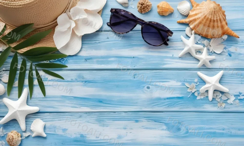 Sunglasses Seashells Starfish Hat And Blue Flowers On A Blue Wooden Table Summer Vacation Concept Tropical Background 5 Ad2d
