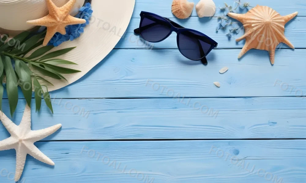 Sunglasses Seashells Starfish Hat And Blue Flowers On A Blue Wooden Table Summer Vacation Concept Tropical Background 6 153b