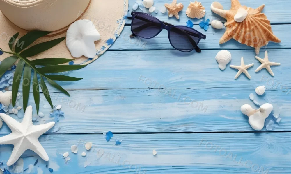 Sunglasses Seashells Starfish Hat And Blue Flowers On A Blue Wooden Table Summer Vacation Concept Tropical Background 7 Ba2e