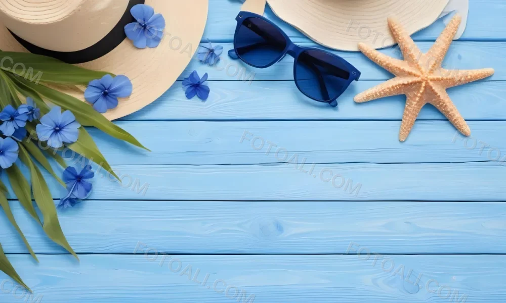 Sunglasses Seashells Starfish Hat And Blue Flowers On A Blue Wooden Table Summer Vacation Concept Tropical Background 9 B8ad