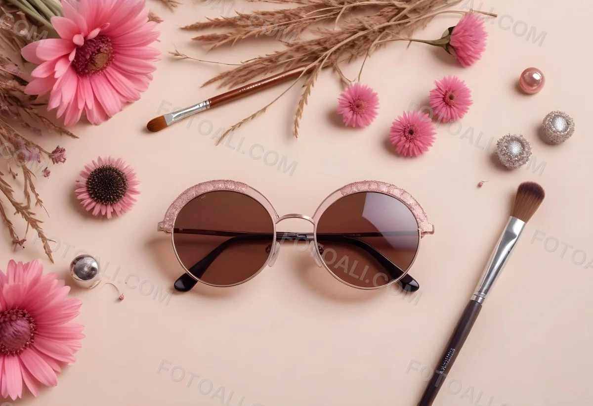 Sunglasses With Brown Lenses A Pink Hairband Pink Lipstick A Brown Lipstick Pink Nail Polish A Round Makeup Brush Small Silver Earrings Dried Flowers And False Eyelashes Arranged On A Light Colored Surface 1 93ac