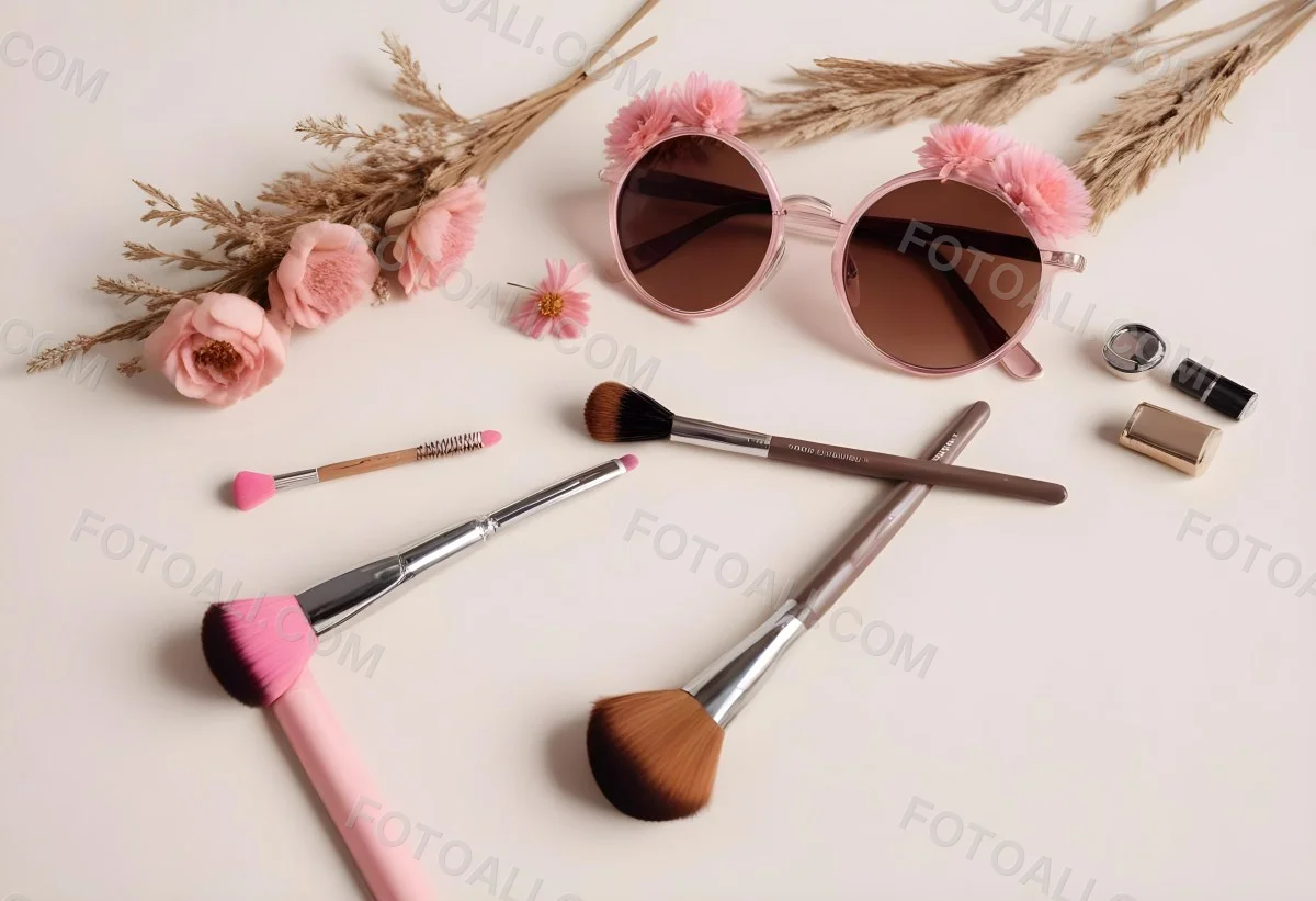 Sunglasses With Brown Lenses A Pink Hairband Pink Lipstick A Brown Lipstick Pink Nail Polish A Round Makeup Brush Small Silver Earrings Dried Flowers And False Eyelashes Arranged On A Light Colored Surface 2 Fb69