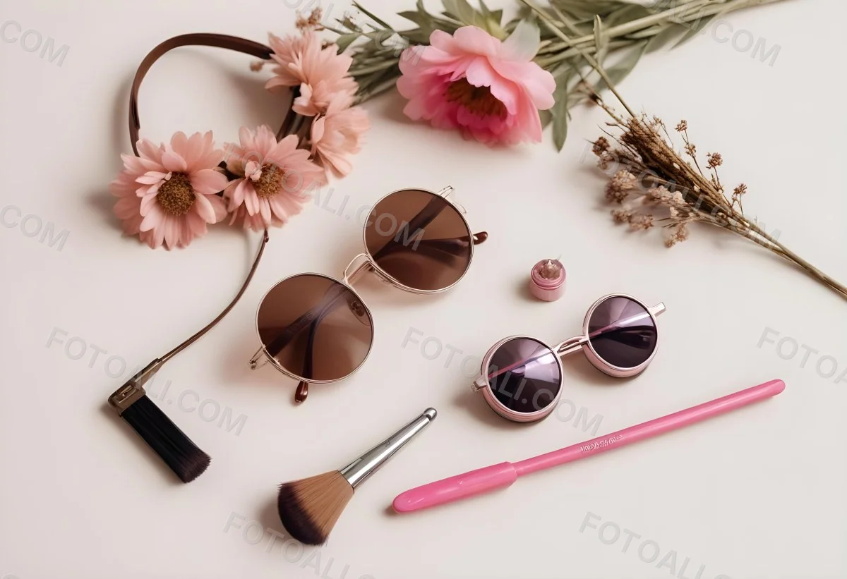 Sunglasses With Brown Lenses A Pink Hairband Pink Lipstick A Brown Lipstick Pink Nail Polish A Round Makeup Brush Small Silver Earrings Dried Flowers And False Eyelashes Arranged On A Light Colored Surface 4 D057