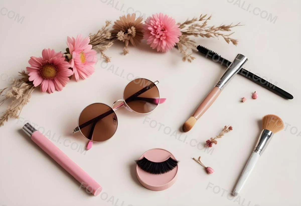 Sunglasses With Brown Lenses A Pink Hairband Pink Lipstick A Brown Lipstick Pink Nail Polish A Round Makeup Brush Small Silver Earrings Dried Flowers And False Eyelashes Arranged On A Light Colored Surface 5 062d
