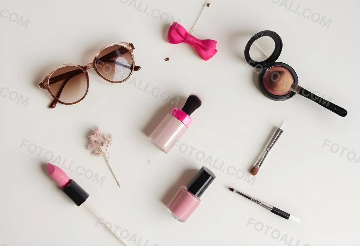 Sunglasses With Brown Lenses A Pink Hairband Pink Lipstick A Brown Lipstick Pink Nail Polish A Round Makeup Brush Small Silver Earrings Dried Flowers And False Eyelashes Arranged On A Light Colored Surface 8 C1e4