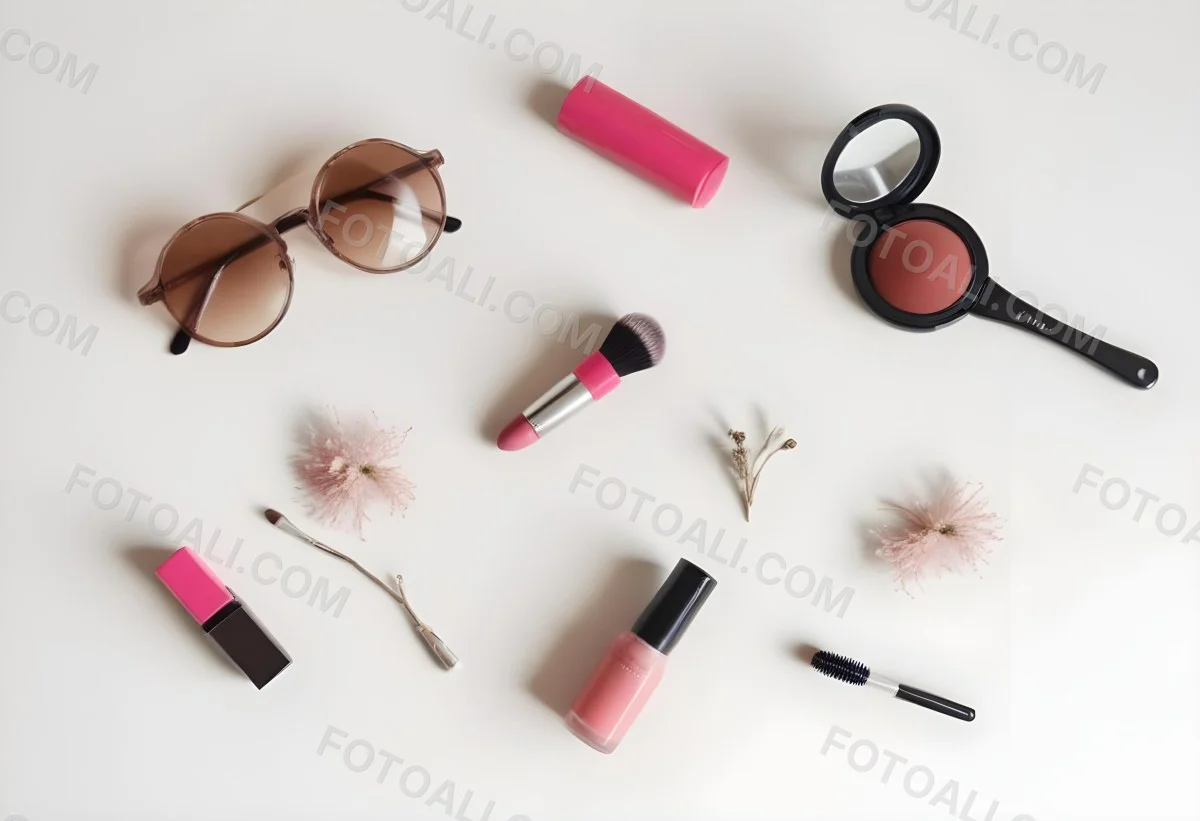 Sunglasses With Brown Lenses A Pink Hairband Pink Lipstick A Brown Lipstick Pink Nail Polish A Round Makeup Brush Small Silver Earrings Dried Flowers And False Eyelashes Arranged On A Light Colored Surface 9 Da8f
