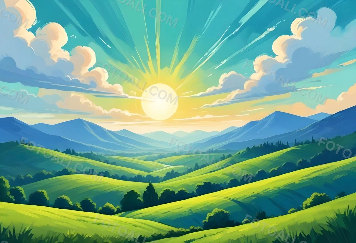Sunny Day With Blue Hills And A Green Sky With Clouds Bright Sun In The Center Cartoonish Style Vibrant Colors Peaceful Landscape 11 D466