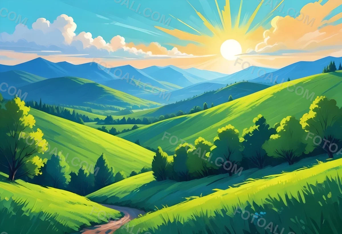 Sunny Day With Blue Hills And A Green Sky With Clouds Bright Sun In The Center Cartoonish Style Vibrant Colors Peaceful Landscape 20 61ed