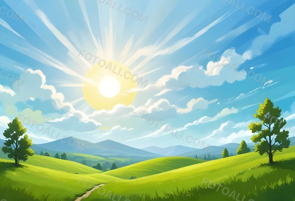Sunny Day With Blue Hills And A Green Sky With Clouds Bright Sun In The Center Cartoonish Style Vibrant Colors Peaceful Landscape 25 Cdbe