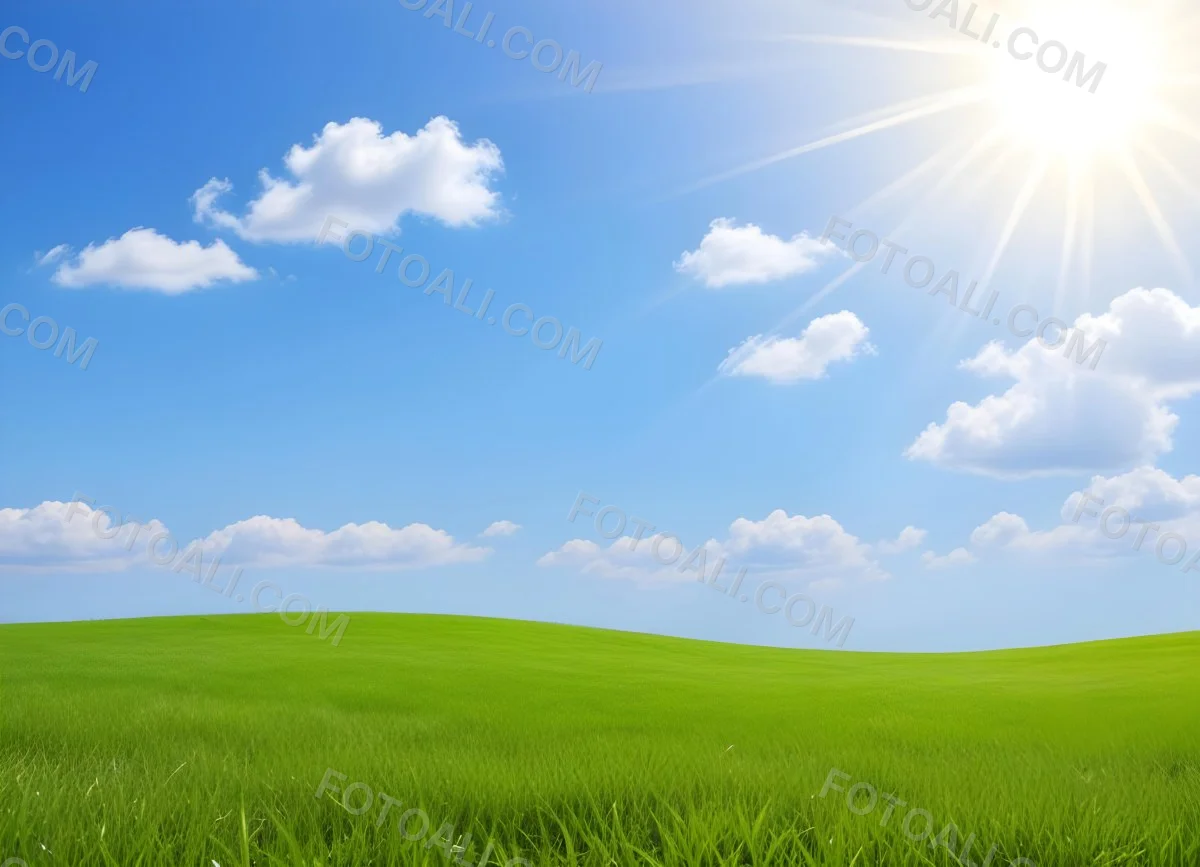 Sunny Day With Blue Hills And A Green Sky With Clouds Bright Sun In The Center Cartoonish Style Vibrant Colors Peaceful Landscape 29 1df8