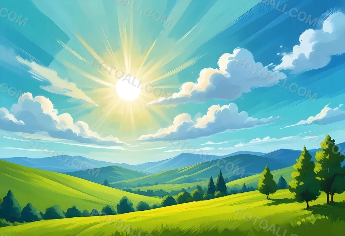 Sunny Day With Blue Hills And A Green Sky With Clouds Bright Sun In The Center Cartoonish Style Vibrant Colors Peaceful Landscape 32 64fe