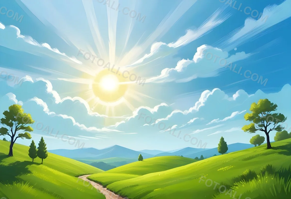 Sunny Day With Blue Hills And A Green Sky With Clouds Bright Sun In The Center Cartoonish Style Vibrant Colors Peaceful Landscape 34 F4e4