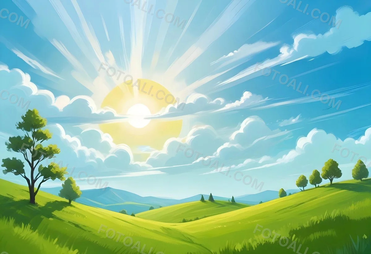 Sunny Day With Blue Hills And A Green Sky With Clouds Bright Sun In The Center Cartoonish Style Vibrant Colors Peaceful Landscape 38 Daa1