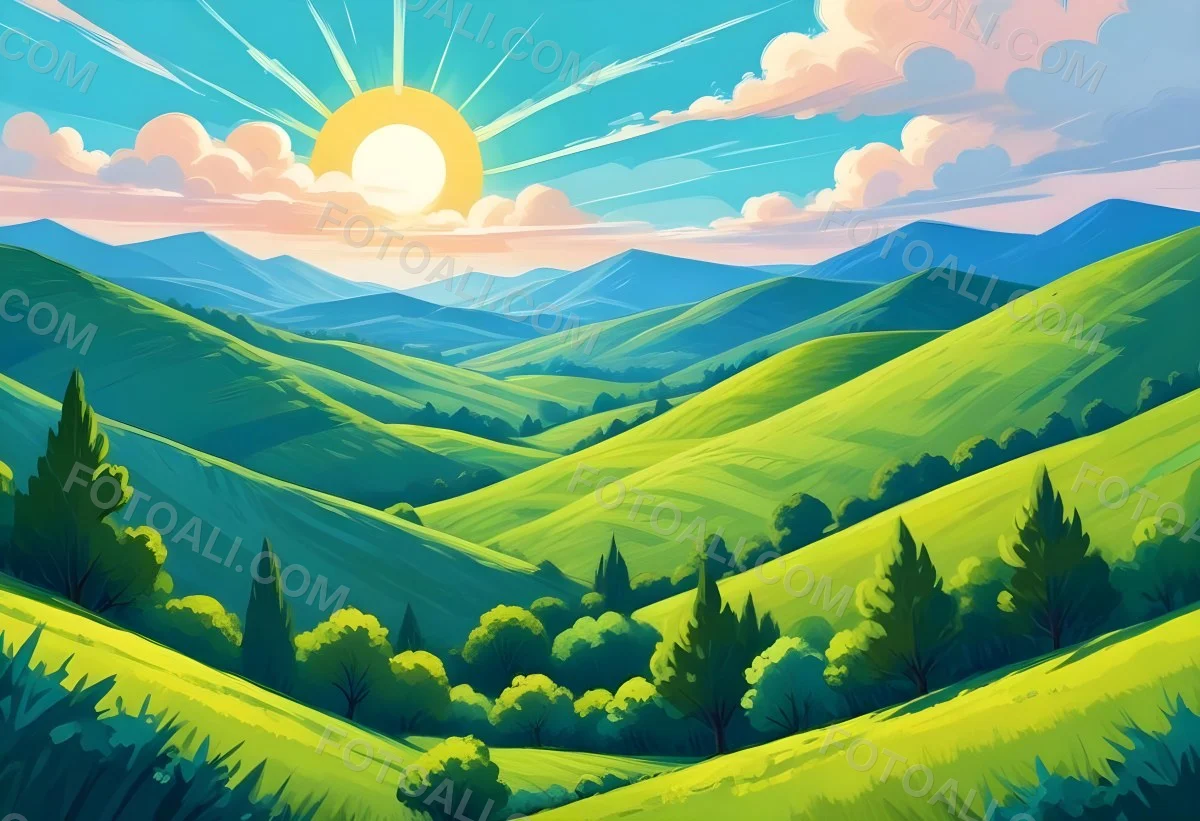 Sunny Day With Blue Hills And A Green Sky With Clouds Bright Sun In The Center Cartoonish Style Vibrant Colors Peaceful Landscape 4 9af3
