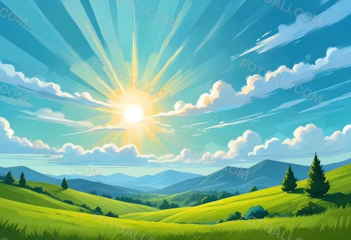 Sunny Day With Blue Hills And A Green Sky With Clouds Bright Sun In The Center Cartoonish Style Vibrant Colors Peaceful Landscape 41 57e6