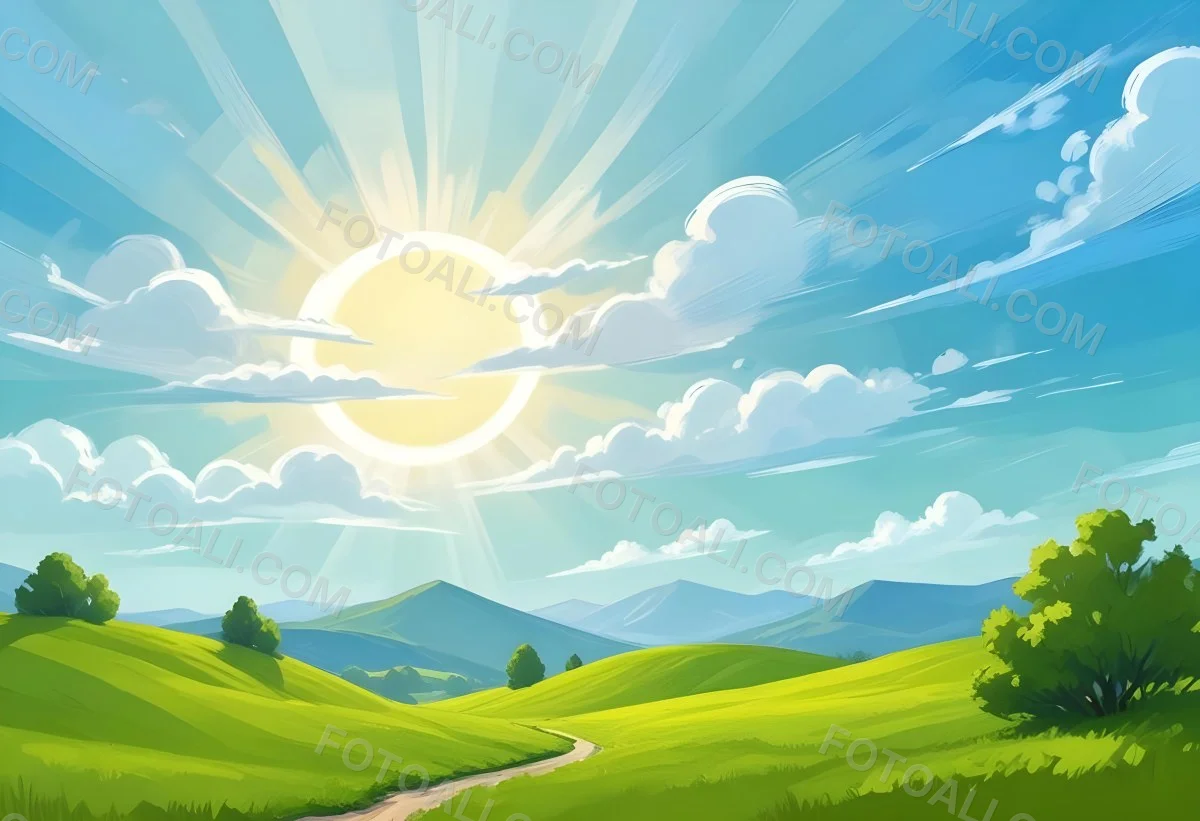 Sunny Day With Blue Hills And A Green Sky With Clouds Bright Sun In The Center Cartoonish Style Vibrant Colors Peaceful Landscape 43 49ad