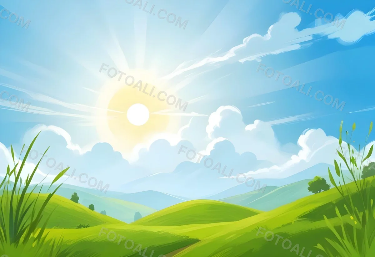 Sunny Day With Blue Hills And A Green Sky With Clouds Bright Sun In The Center Cartoonish Style Vibrant Colors Peaceful Landscape 44 6550