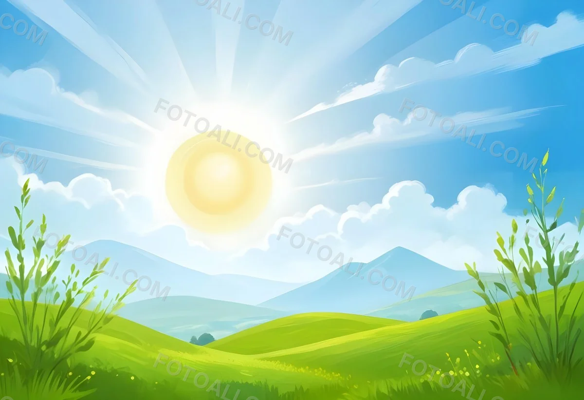 Sunny Day With Blue Hills And A Green Sky With Clouds Bright Sun In The Center Cartoonish Style Vibrant Colors Peaceful Landscape 45 7f6c