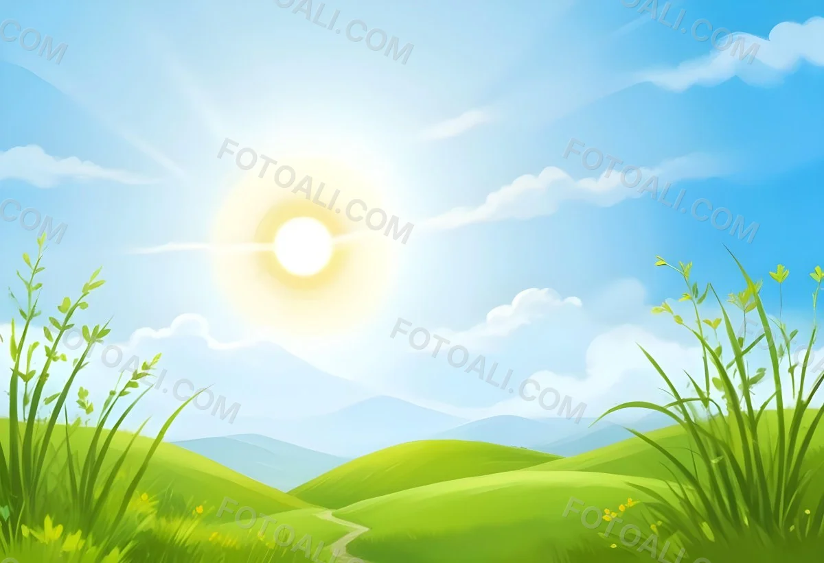 Sunny Day With Blue Hills And A Green Sky With Clouds Bright Sun In The Center Cartoonish Style Vibrant Colors Peaceful Landscape 46 886a