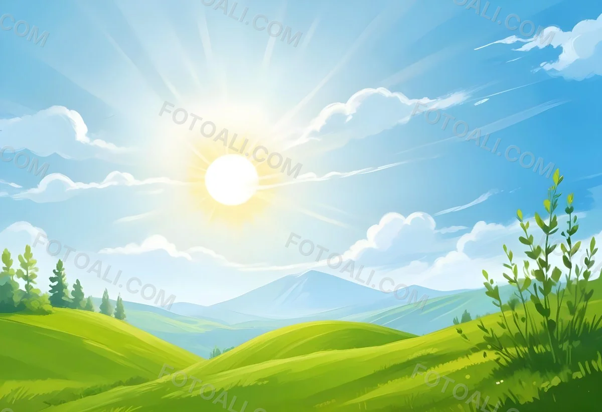 Sunny Day With Blue Hills And A Green Sky With Clouds Bright Sun In The Center Cartoonish Style Vibrant Colors Peaceful Landscape 47 11e1