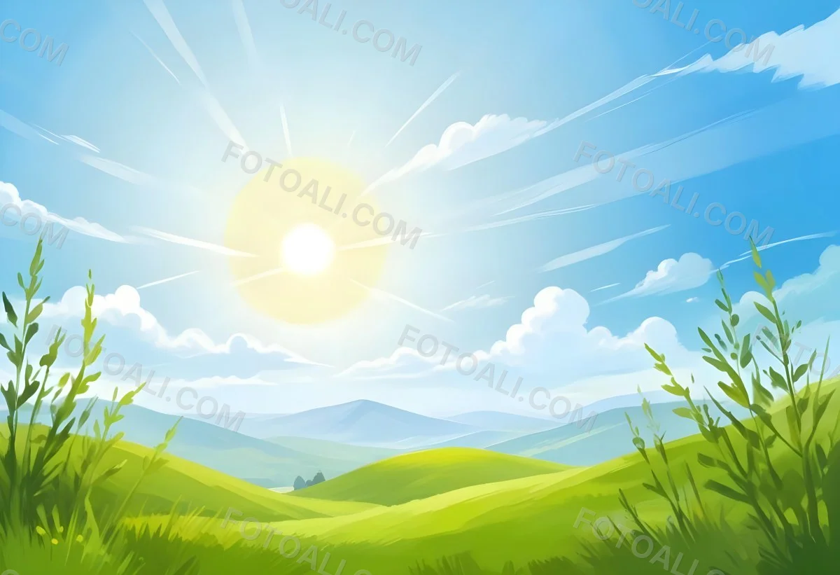 Sunny Day With Blue Hills And A Green Sky With Clouds Bright Sun In The Center Cartoonish Style Vibrant Colors Peaceful Landscape 48 D0d2