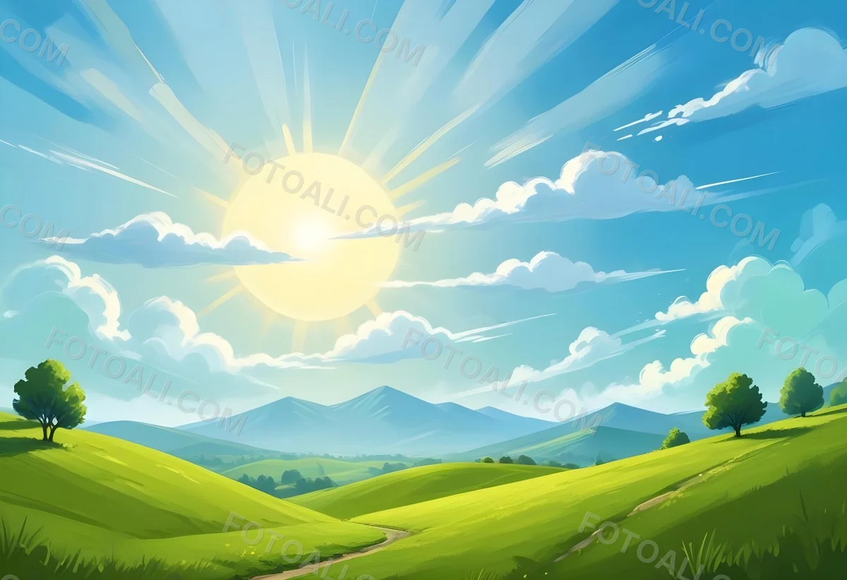 Sunny Day With Blue Hills And A Green Sky With Clouds Bright Sun In The Center Cartoonish Style Vibrant Colors Peaceful Landscape 49 6b4e