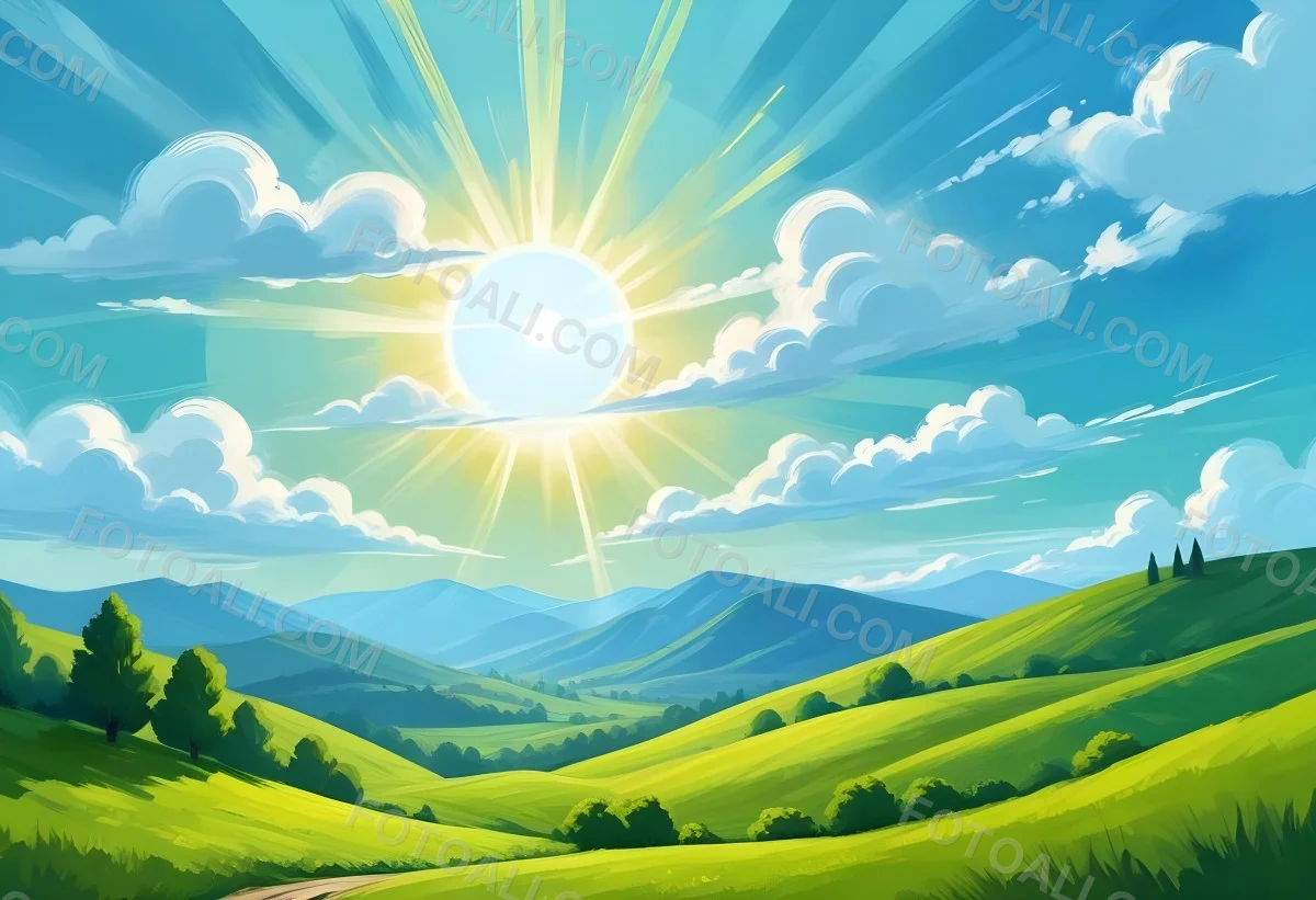 Sunny Day With Blue Hills And A Green Sky With Clouds Bright Sun In The Center Cartoonish Style Vibrant Colors Peaceful Landscape 7 9010