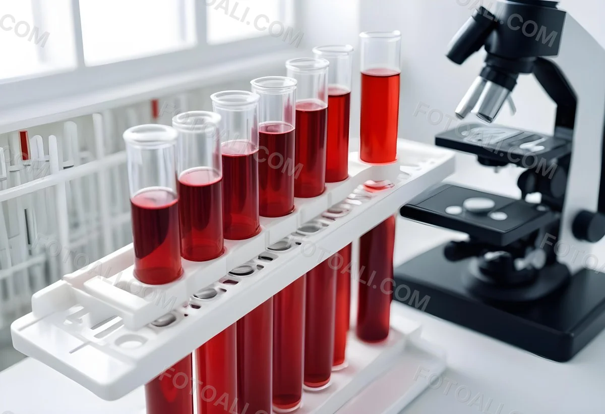 Test Tubes Filled With Red Liquid Arranged In A White Test Tube Rack With A Microscope Positioned Nearby The Background Is Simple And Focused On The Laboratory Equipment 4