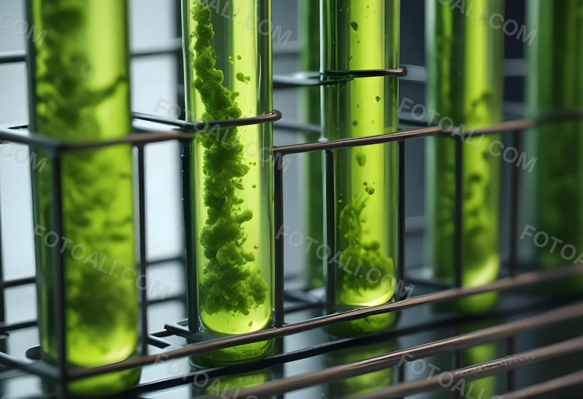 Test Tubes With Green Algae In A Metal Rack The Background Is Blurred And Out Of Focus Laboratory Environment 20 7f39