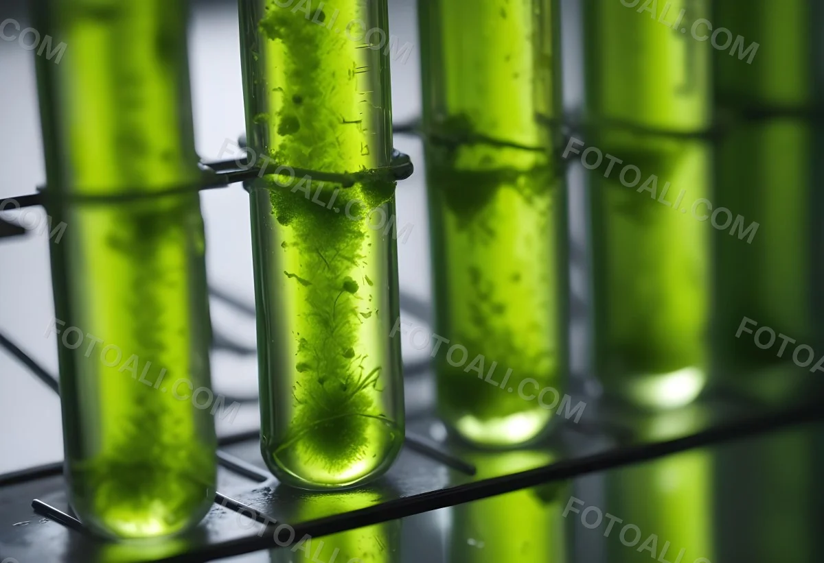 Test Tubes With Green Algae In A Metal Rack The Background Is Blurred And Out Of Focus Laboratory Environment 29 F900