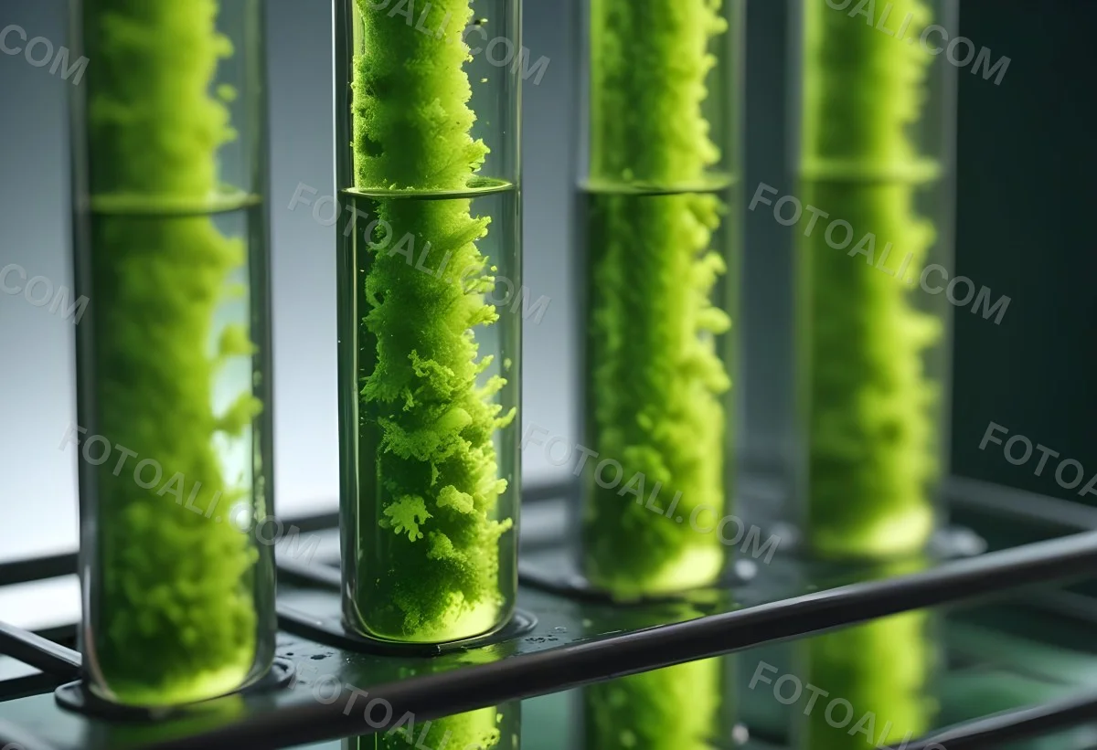 Test Tubes With Green Algae In A Metal Rack The Background Is Blurred And Out Of Focus Laboratory Environment 4 F5ac