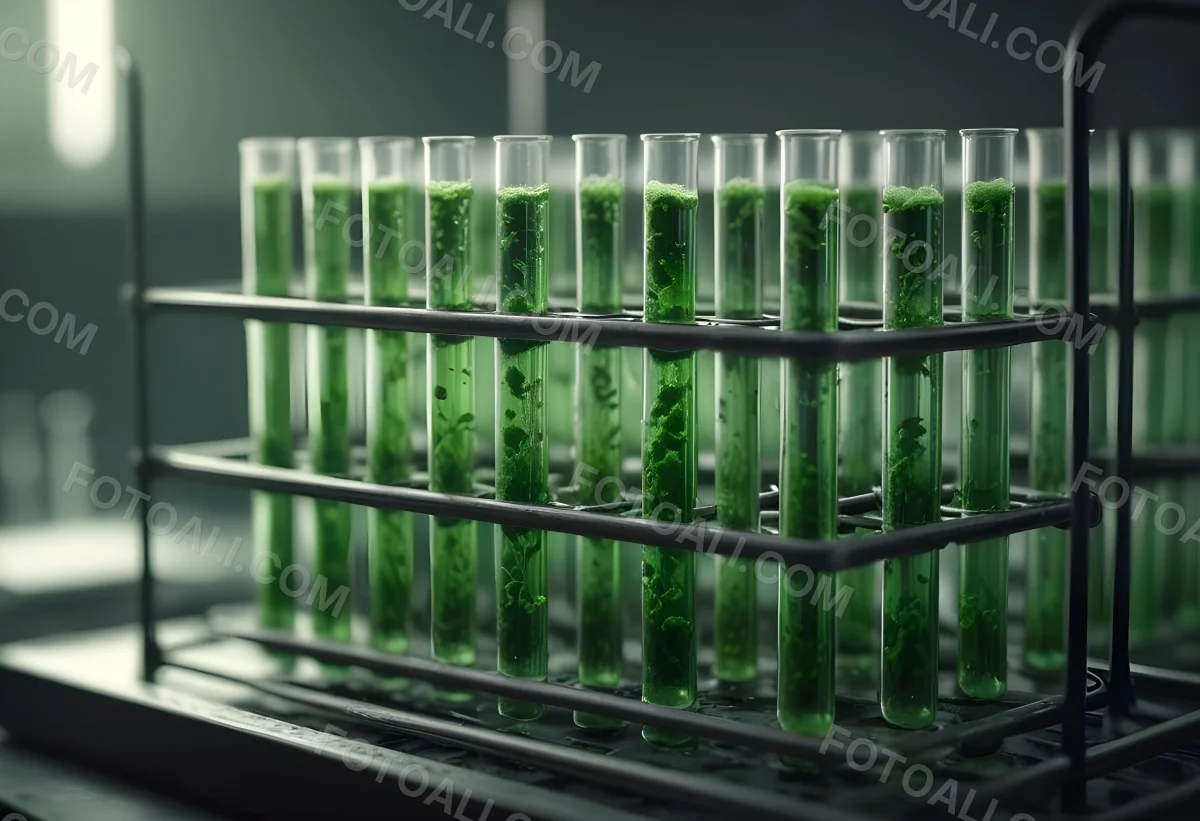Test Tubes With Green Algae In A Metal Rack The Background Is Blurred And Out Of Focus Laboratory Environment 8 F79f