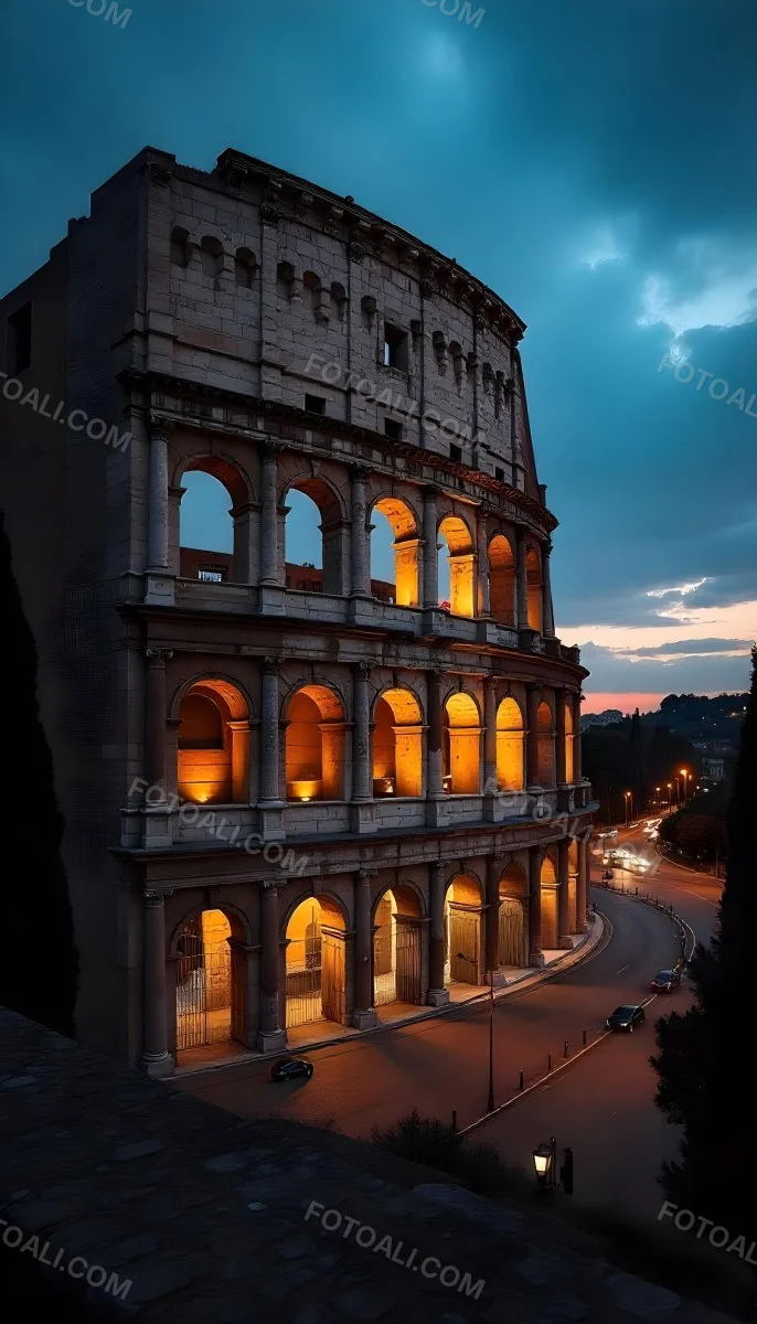 The Colosseum In Rome Italy Showcasing Its Ancient Architecture With Illuminated Arches And Weathered Stone Set Against A Twilight Sky With Distant City Lights 11 Ba5a