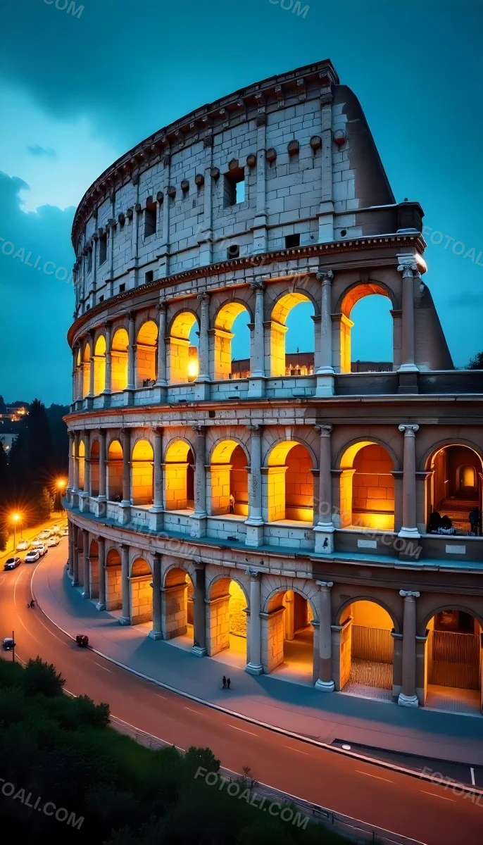 The Colosseum In Rome Italy Showcasing Its Ancient Architecture With Illuminated Arches And Weathered Stone Set Against A Twilight Sky With Distant City Lights 15 947b