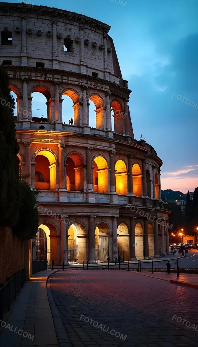 The Colosseum In Rome Italy Showcasing Its Ancient Architecture With Illuminated Arches And Weathered Stone Set Against A Twilight Sky With Distant City Lights 20 Ee9e