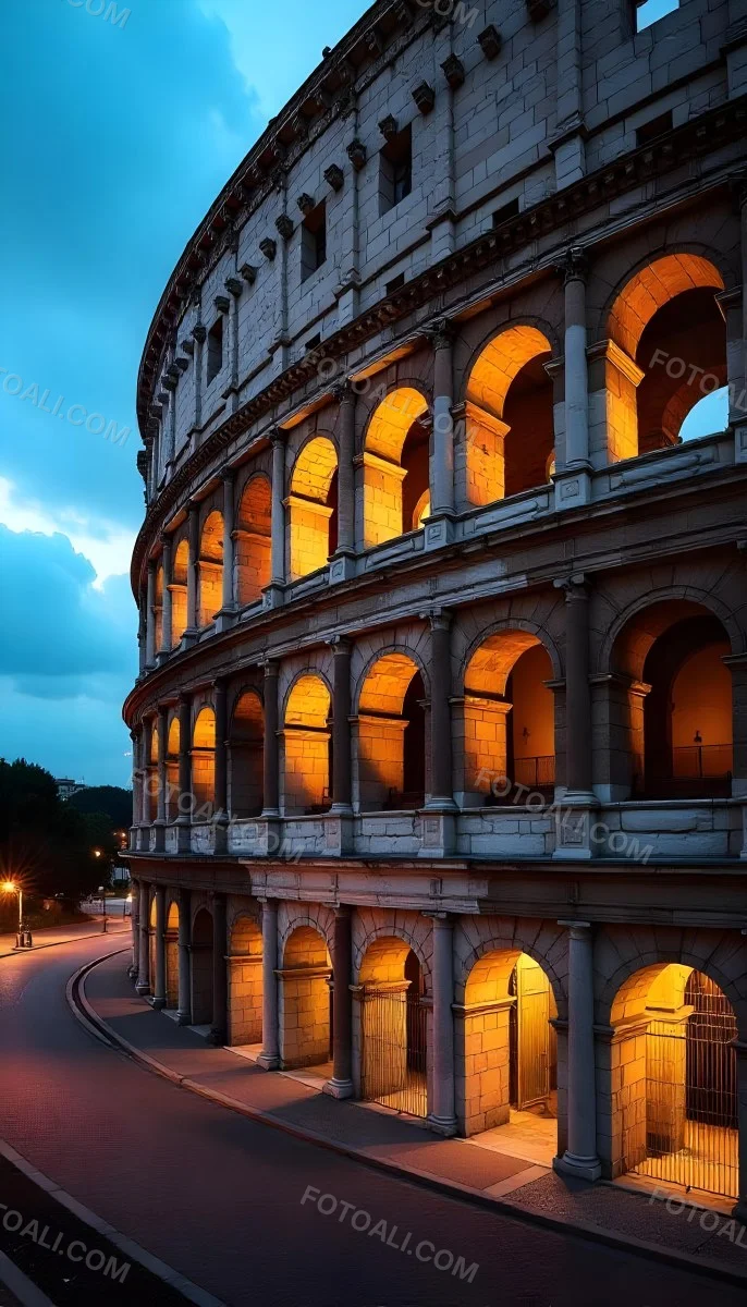 The Colosseum In Rome Italy Showcasing Its Ancient Architecture With Illuminated Arches And Weathered Stone Set Against A Twilight Sky With Distant City Lights 21 1c32