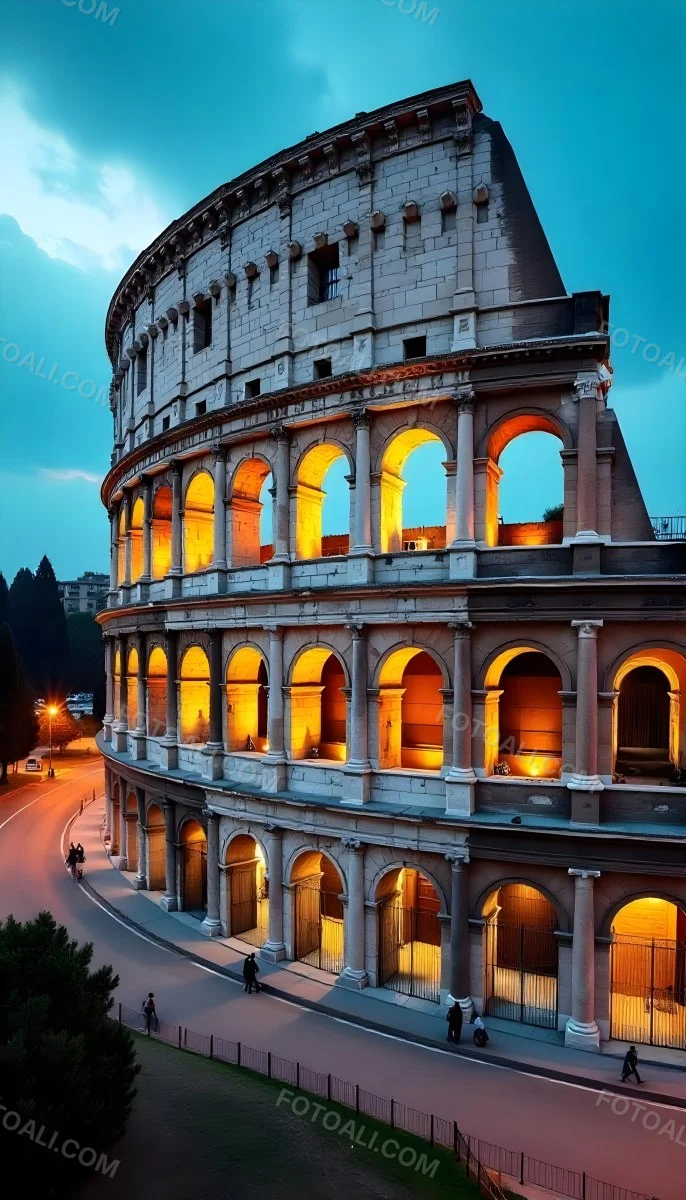 The Colosseum In Rome Italy Showcasing Its Ancient Architecture With Illuminated Arches And Weathered Stone Set Against A Twilight Sky With Distant City Lights 24 208d