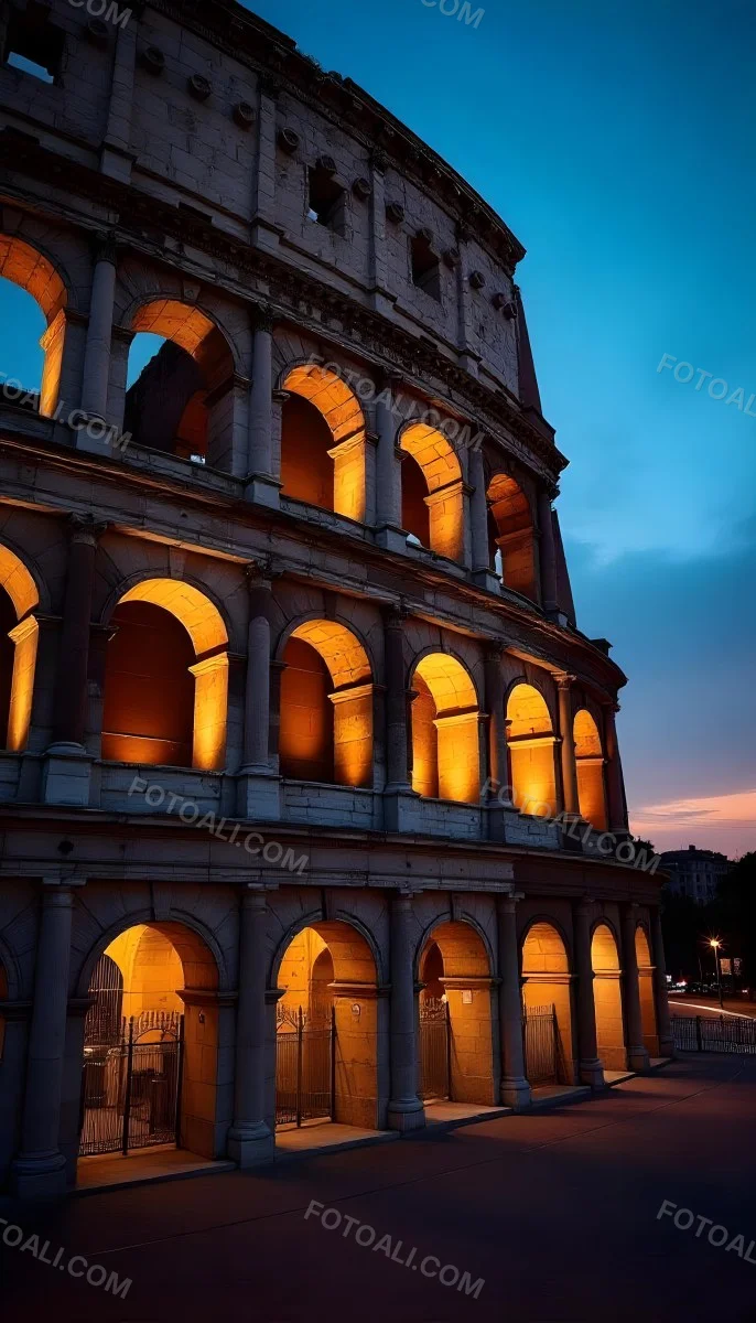 The Colosseum In Rome Italy Showcasing Its Ancient Architecture With Illuminated Arches And Weathered Stone Set Against A Twilight Sky With Distant City Lights 25 56a3