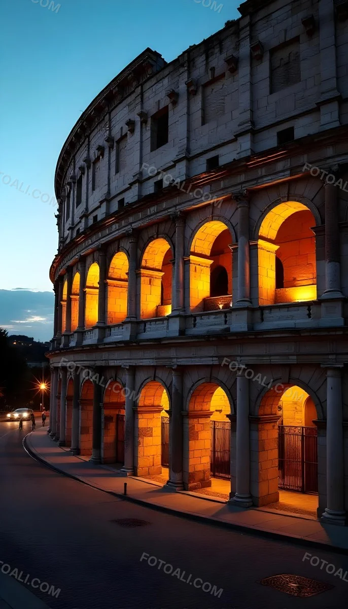 The Colosseum In Rome Italy Showcasing Its Ancient Architecture With Illuminated Arches And Weathered Stone Set Against A Twilight Sky With Distant City Lights 26 778f