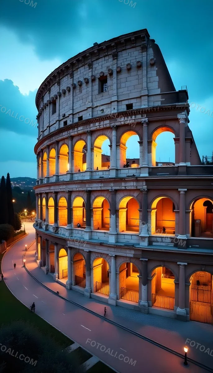 The Colosseum In Rome Italy Showcasing Its Ancient Architecture With Illuminated Arches And Weathered Stone Set Against A Twilight Sky With Distant City Lights 28 E117