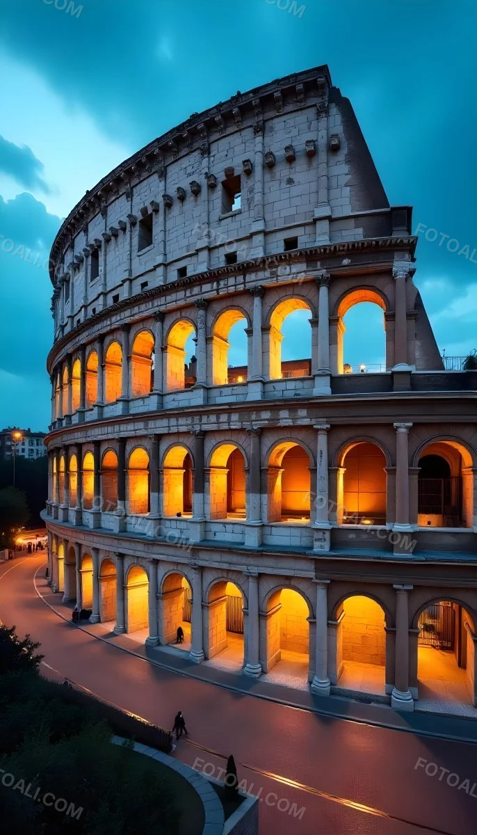 The Colosseum In Rome Italy Showcasing Its Ancient Architecture With Illuminated Arches And Weathered Stone Set Against A Twilight Sky With Distant City Lights 29 2cbe