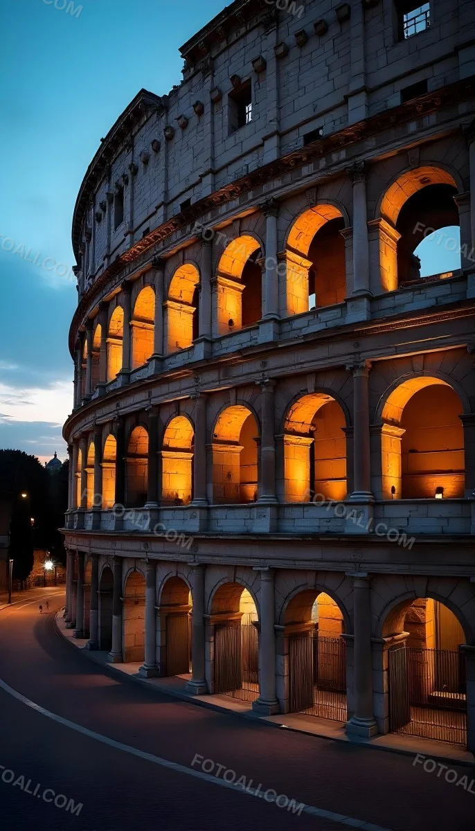 The Colosseum In Rome Italy Showcasing Its Ancient Architecture With Illuminated Arches And Weathered Stone Set Against A Twilight Sky With Distant City Lights 3 2d6b