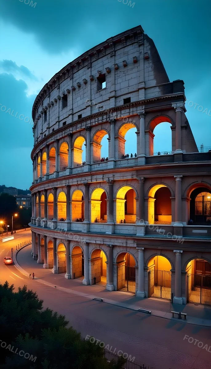 The Colosseum In Rome Italy Showcasing Its Ancient Architecture With Illuminated Arches And Weathered Stone Set Against A Twilight Sky With Distant City Lights 30 6ef2