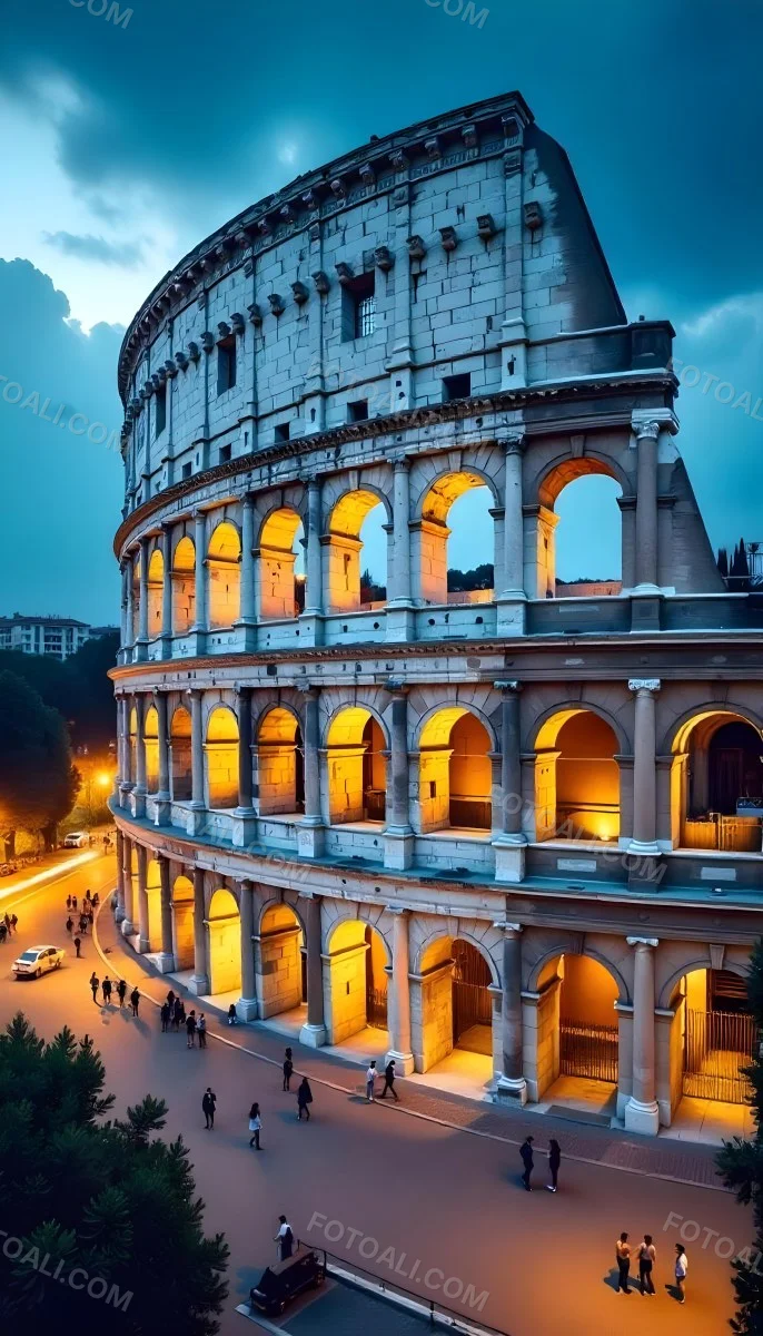 The Colosseum In Rome Italy Showcasing Its Ancient Architecture With Illuminated Arches And Weathered Stone Set Against A Twilight Sky With Distant City Lights 31 88fa