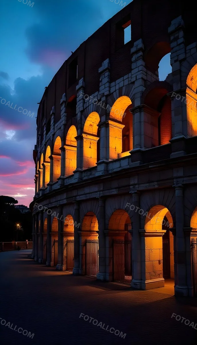 The Colosseum In Rome Italy Showcasing Its Ancient Architecture With Illuminated Arches And Weathered Stone Set Against A Twilight Sky With Distant City Lights 8 7bbd