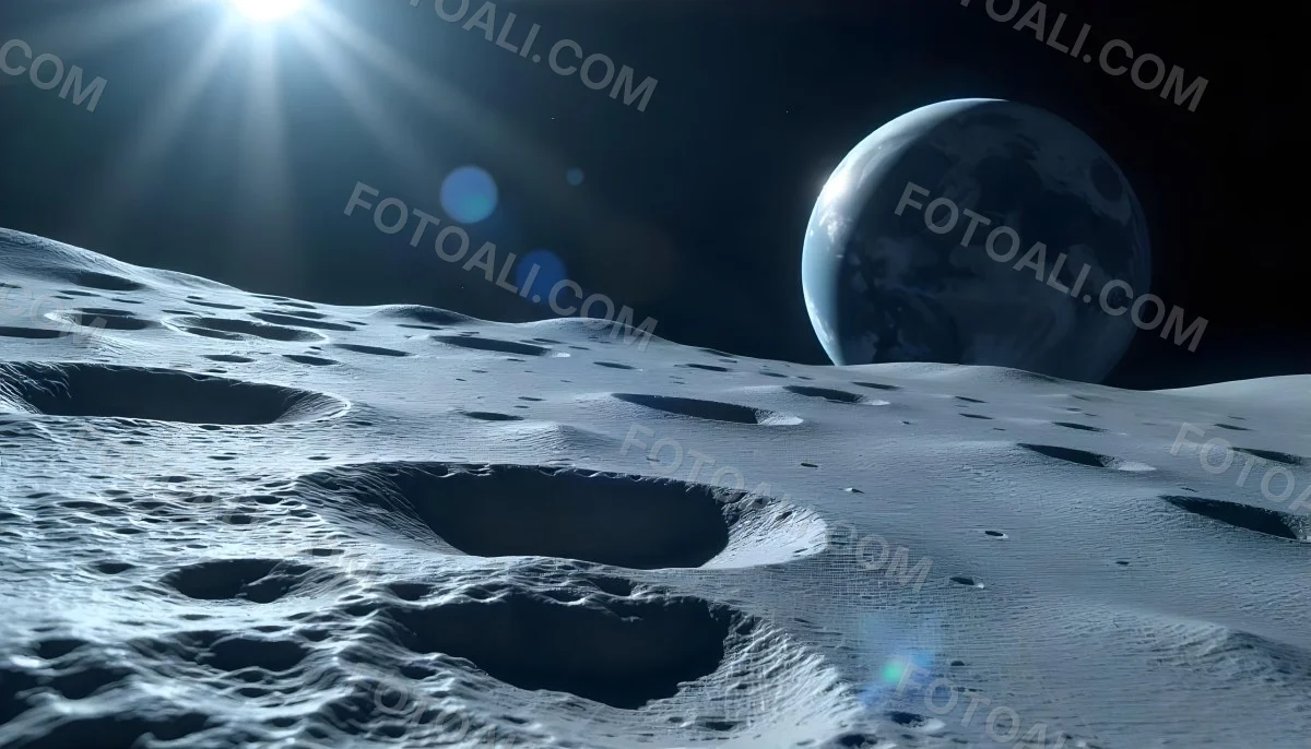 The Moon Surface With Many Craters And The Earth In The Background Both Illuminated By A Bright Light In A Bright Space 1 633f