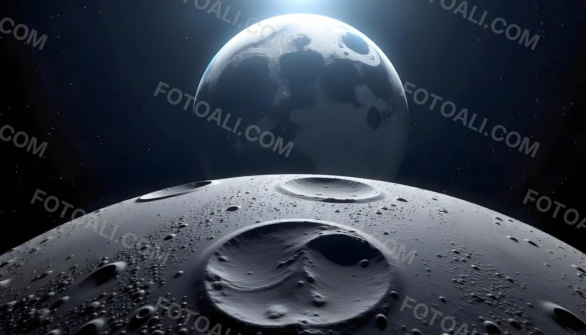 The Moon Surface With Many Craters And The Earth In The Background Both Illuminated By A Bright Light In A Bright Space 14 Da2e