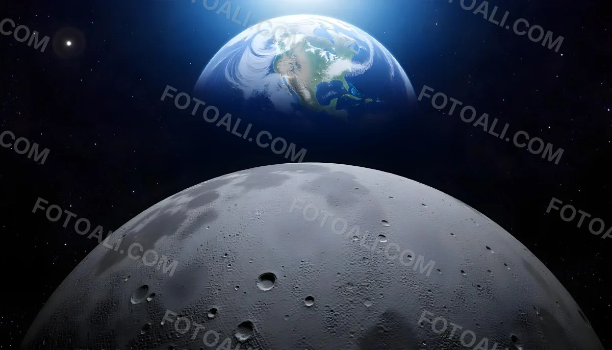 The Moon Surface With Many Craters And The Earth In The Background Both Illuminated By A Bright Light In A Bright Space 17 2b7e