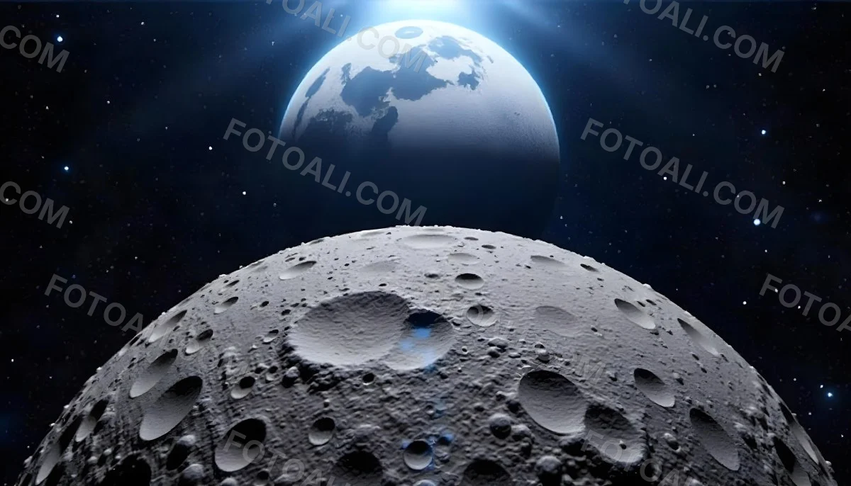 The Moon Surface With Many Craters And The Earth In The Background Both Illuminated By A Bright Light In A Bright Space 18 Fe03