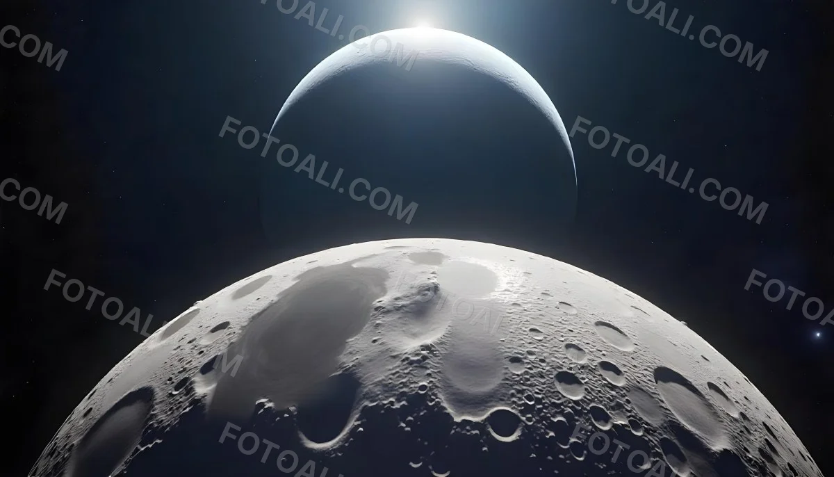The Moon Surface With Many Craters And The Earth In The Background Both Illuminated By A Bright Light In A Bright Space 2 Ec6f